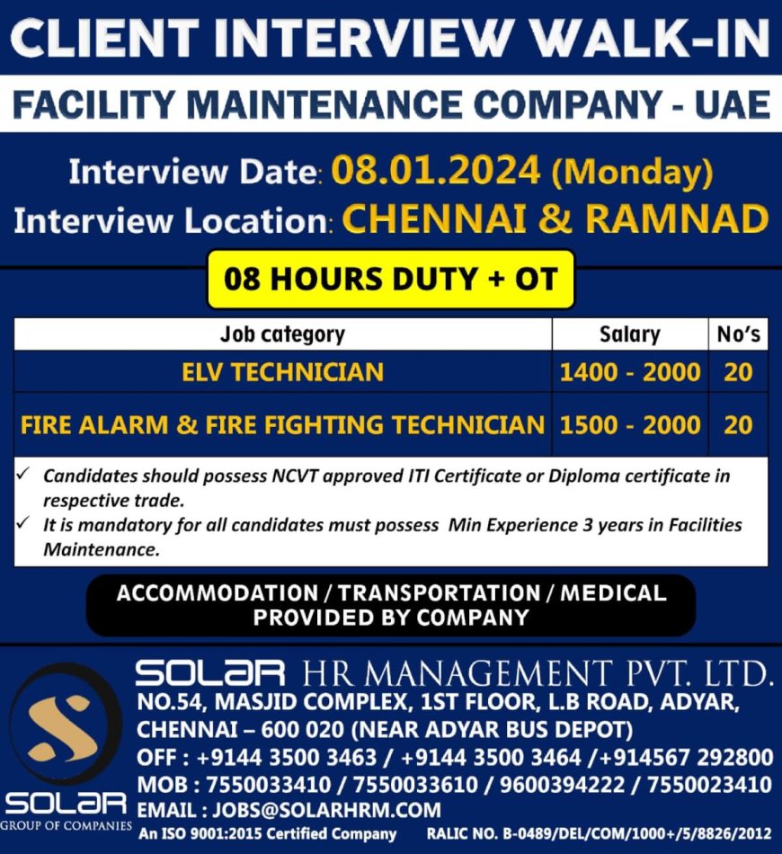 Jobs in UAE: Walk-In Interviews for Facility Maintenance Positions