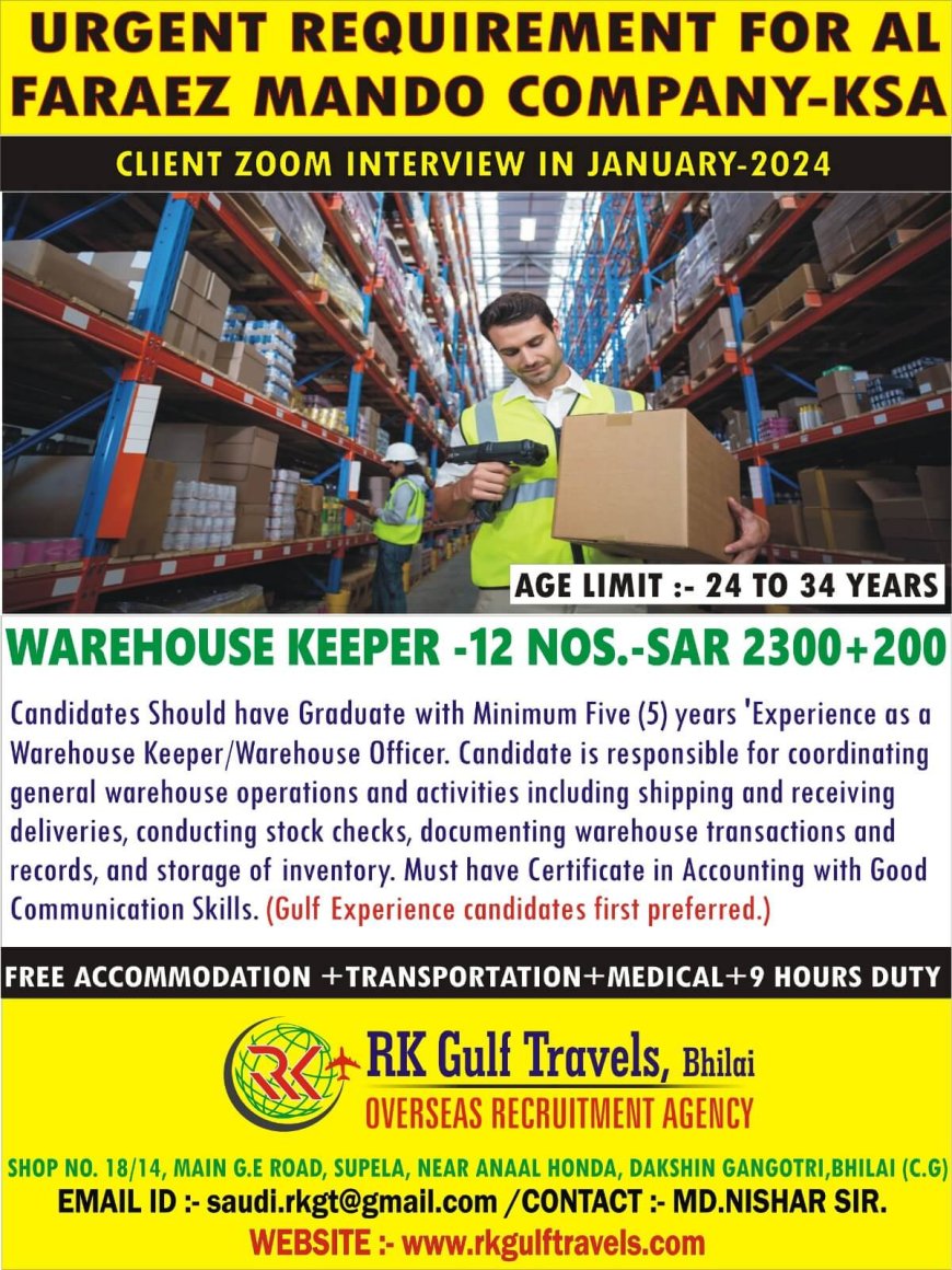 Jobs in Saudi Arabia - Al Faraez Mando Company Hiring Warehouse Keepers