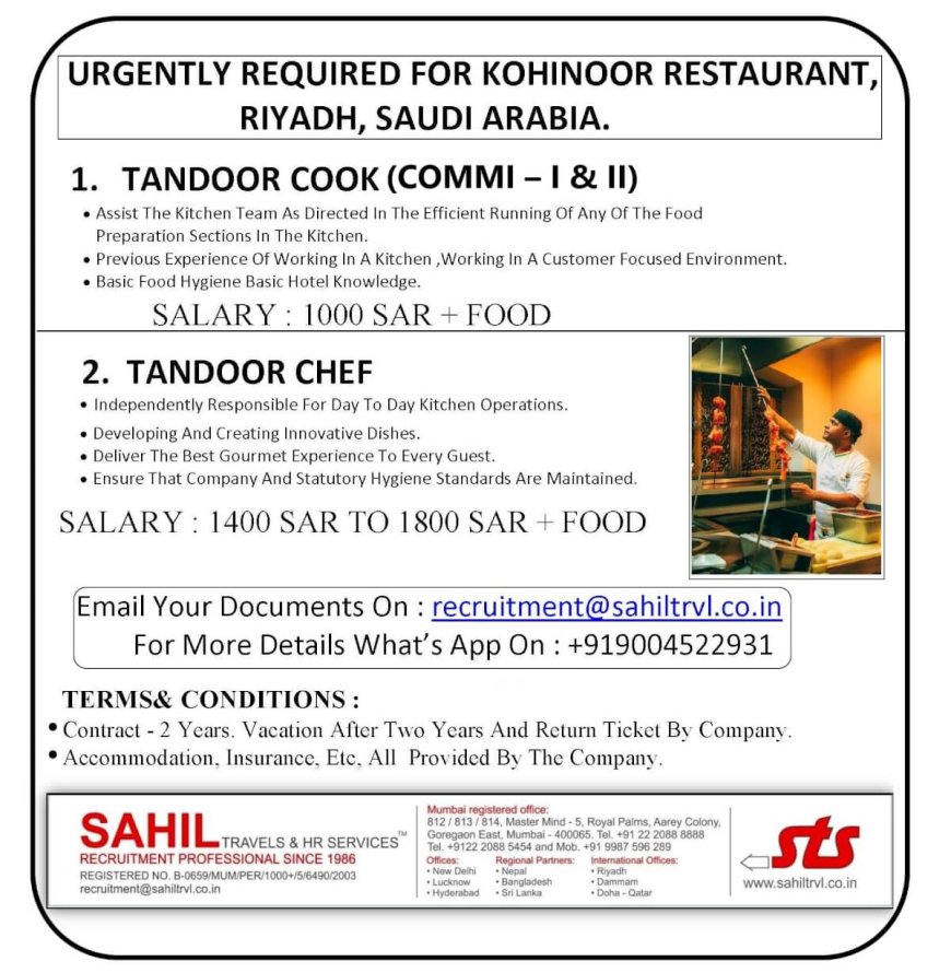 Tandoor Cooks and Chefs in Riyadh, Saudi Arabia with Kohinoor Restaurant