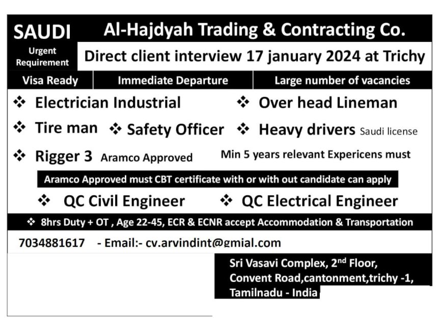 Urgent Job Openings in Saudi Arabia with Al-Hajdyah Trading & Contracting Co.