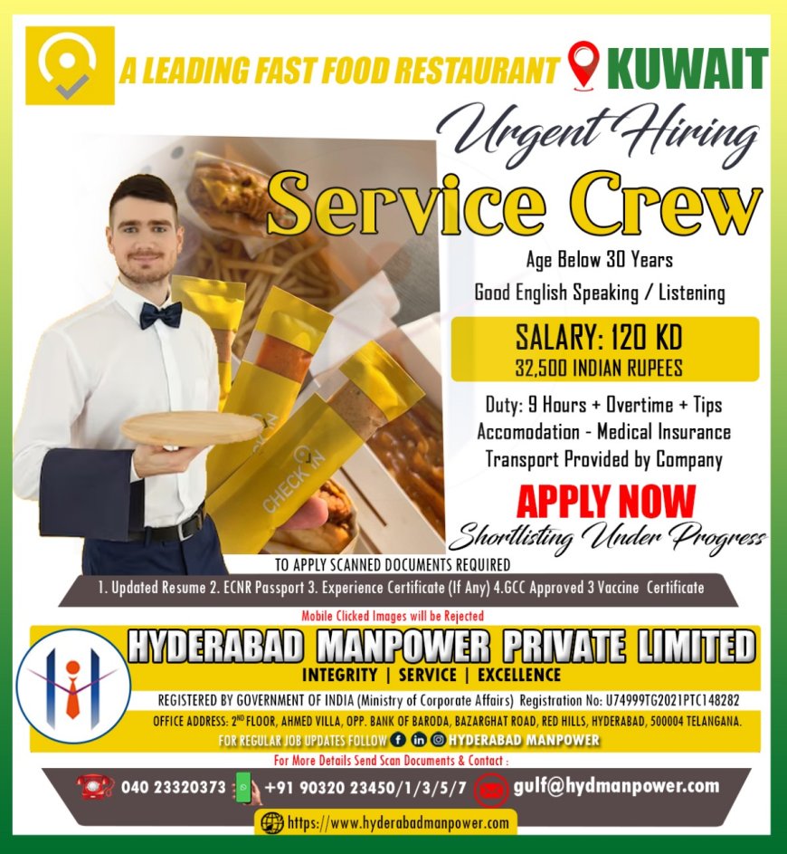 Urgent Hiring Service Crew for Restaurant Fast Food in Kuwait