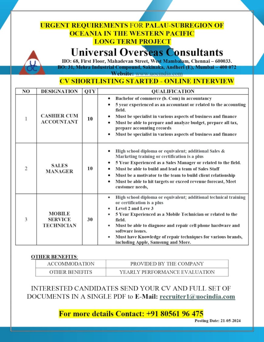 Urgent Job Openings in Palau - Oceania Subregion of the Western Pacific