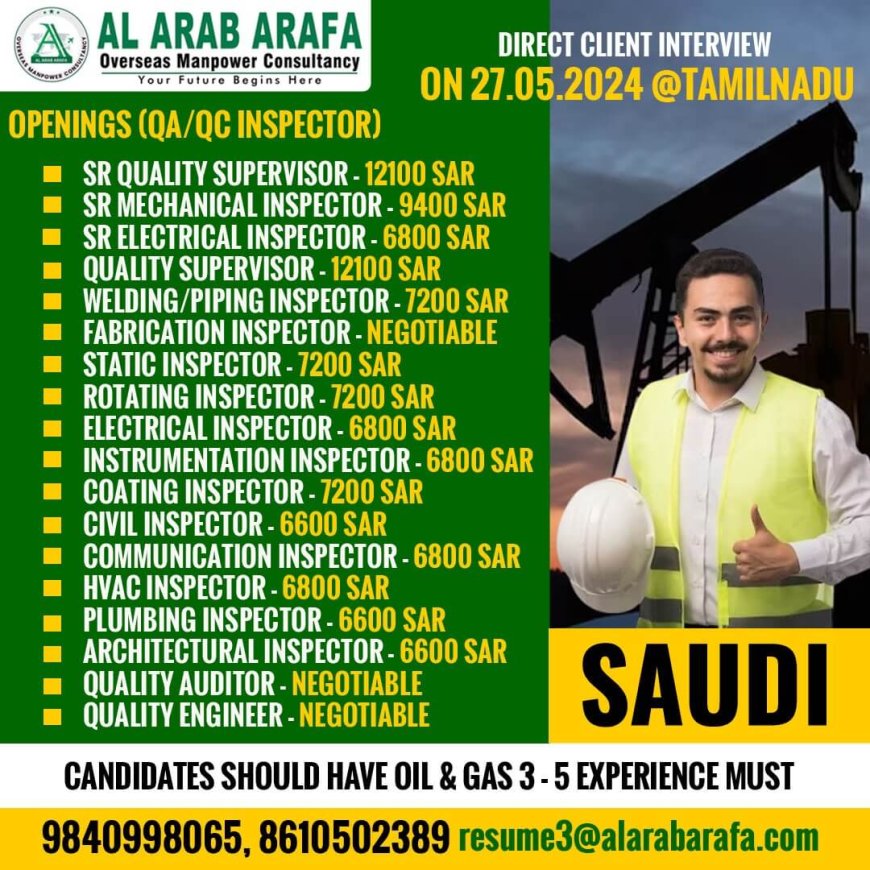 Jobs in Saudi Arabia - Direct Client Interview on May 27, 2024, in Tamil Nadu!