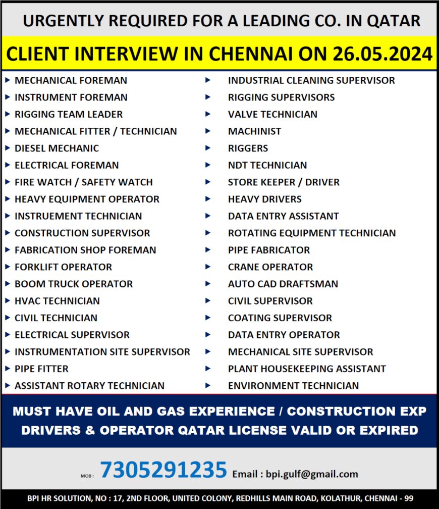 Urgently Required for a Leading Company in Qatar: Client Interview in Chennai on 26.05.2024