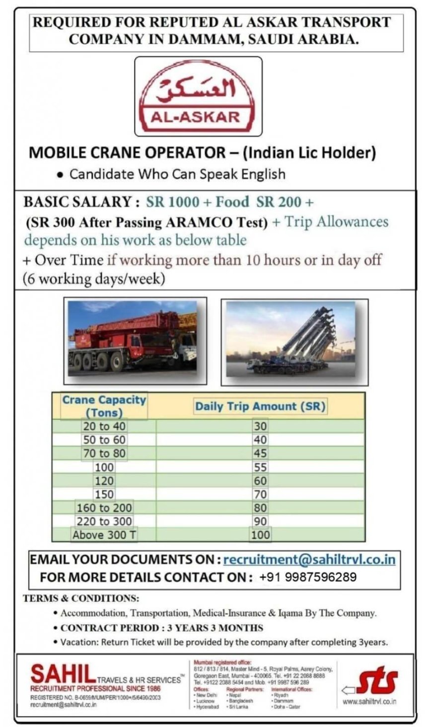 Mobile Crane Operator for Reputed Al Askar Transport Company in Dammam, Saudi Arabia