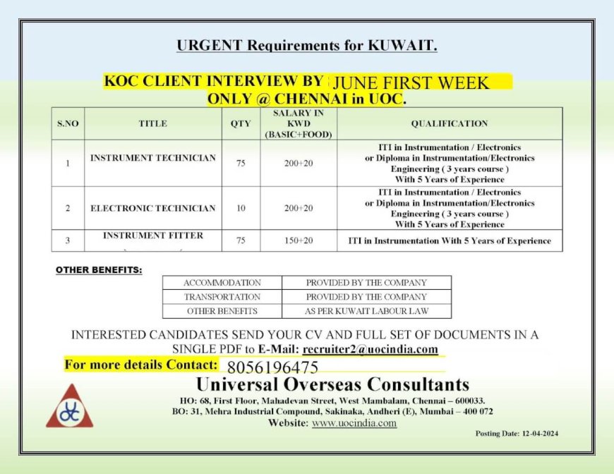 Urgent Job Openings for Kuwait: KOC Client Interviews in Chennai - June First Week