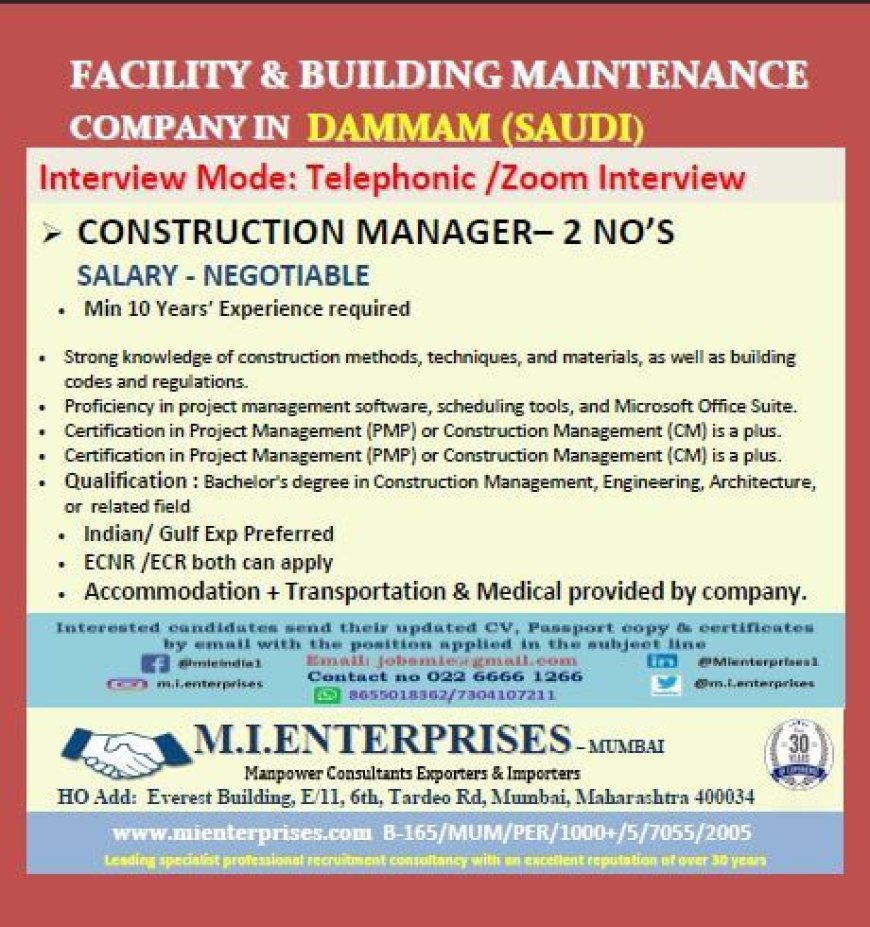 Job Opportunity: Construction Manager Positions Available in Dammam, Saudi Arabia
