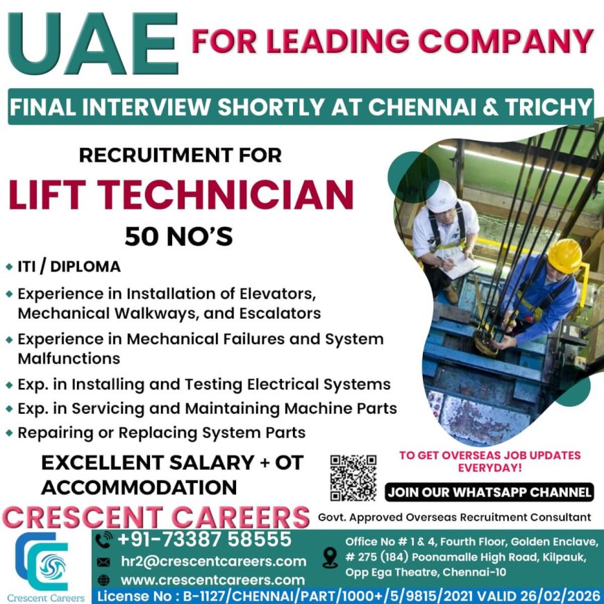Urgent Recruitment: Lift Technicians Needed in UAE - High Salary, OT, and Accommodation!