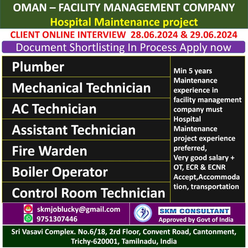 Oman: Facility Management Company Seeks Skilled Technicians for Hospital Maintenance Project