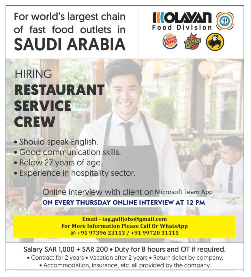 Job Vacancy: Join the World's Largest Fast Food Chain in Saudi Arabia as Restaurant Service Crew!