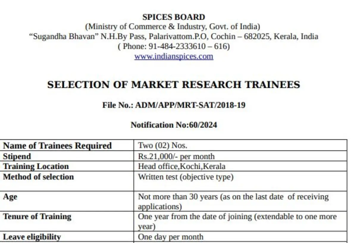 Selection of Market Research Trainees by Spices Board: Apply by 6th Feb 2025
