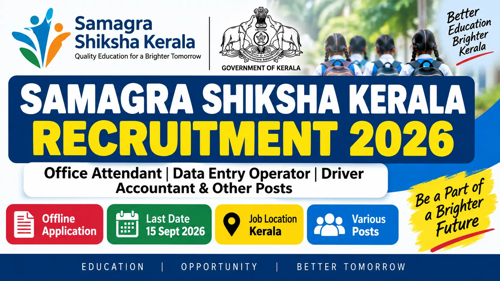 Samagra Shiksha Kerala Recruitment 2026: Apply for Office Attendant, Data Entry Operator, Driver, Accountant & Other Posts