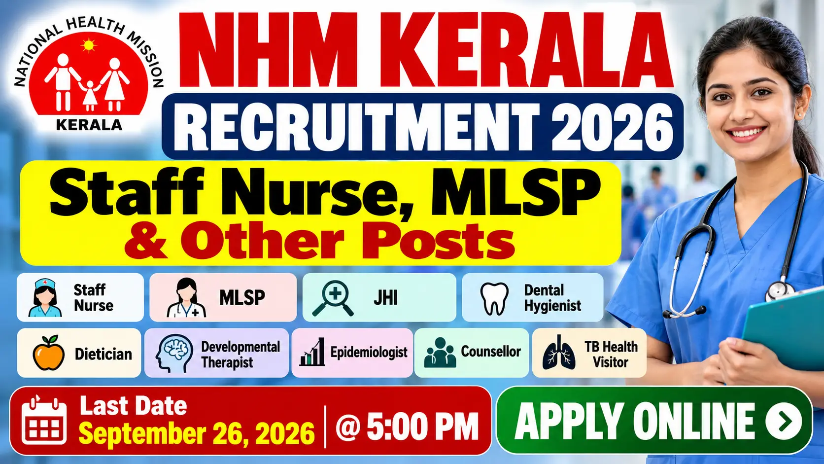 NHM Kerala Recruitment 2026: Apply Online for Staff Nurse, MLSP & Other Posts