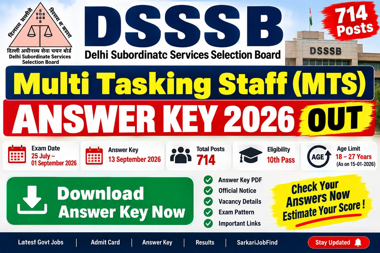 DSSSB MTS Answer Key 2026 Out: 714 Posts, Download Answer Key & Notice