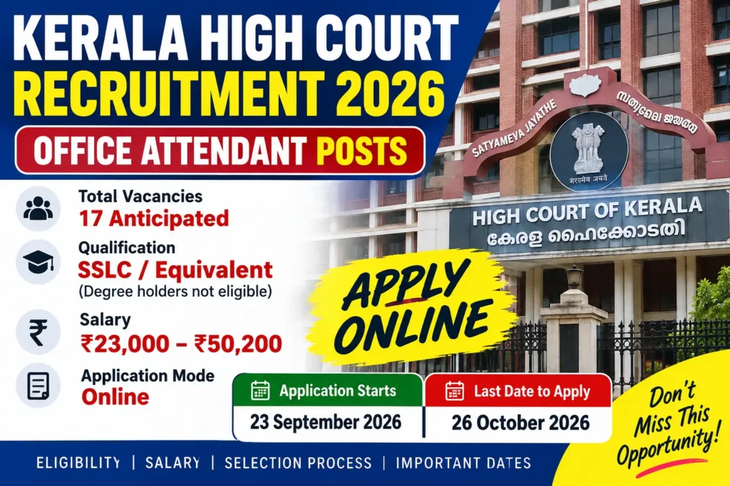 Kerala High Court Recruitment 2026: Apply Online for 17 Office Attendant Posts