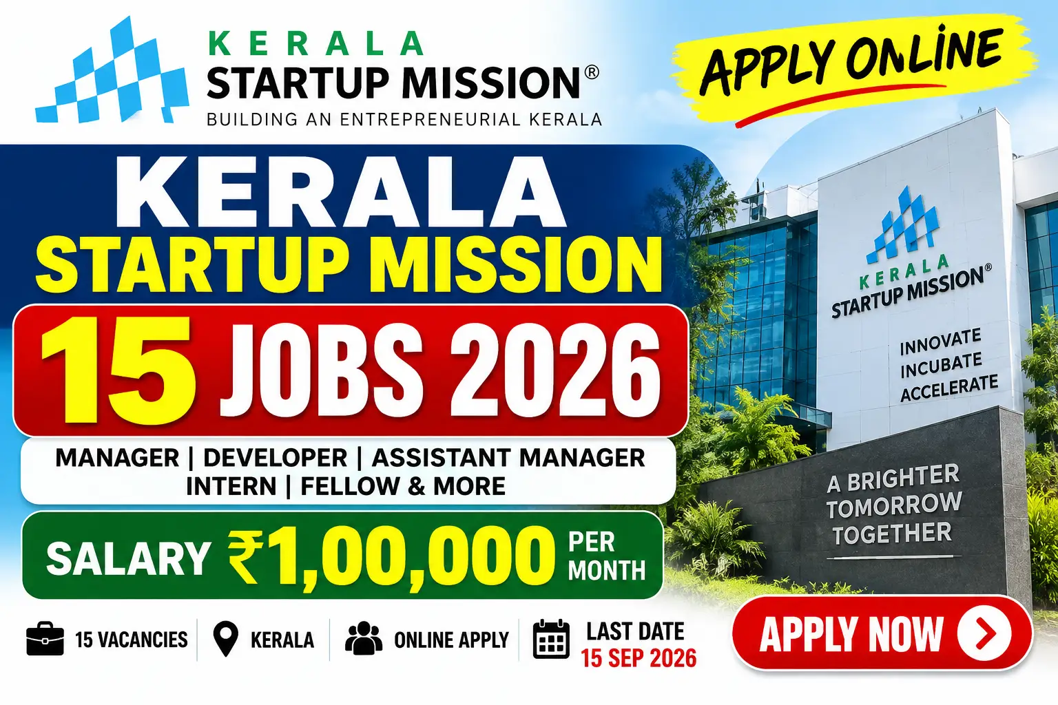 Kerala Startup Mission Recruitment 2026 – Apply Online for 15 Manager, Developer, Assistant Manager, Intern & Fellow Posts