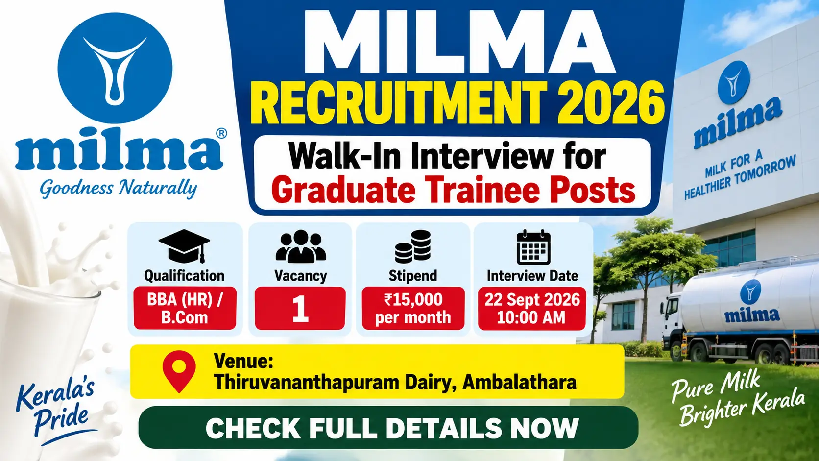 MILMA Recruitment 2026: Walk-In Interview for Graduate Trainee Posts; Check Eligibility, Stipend & Interview Date