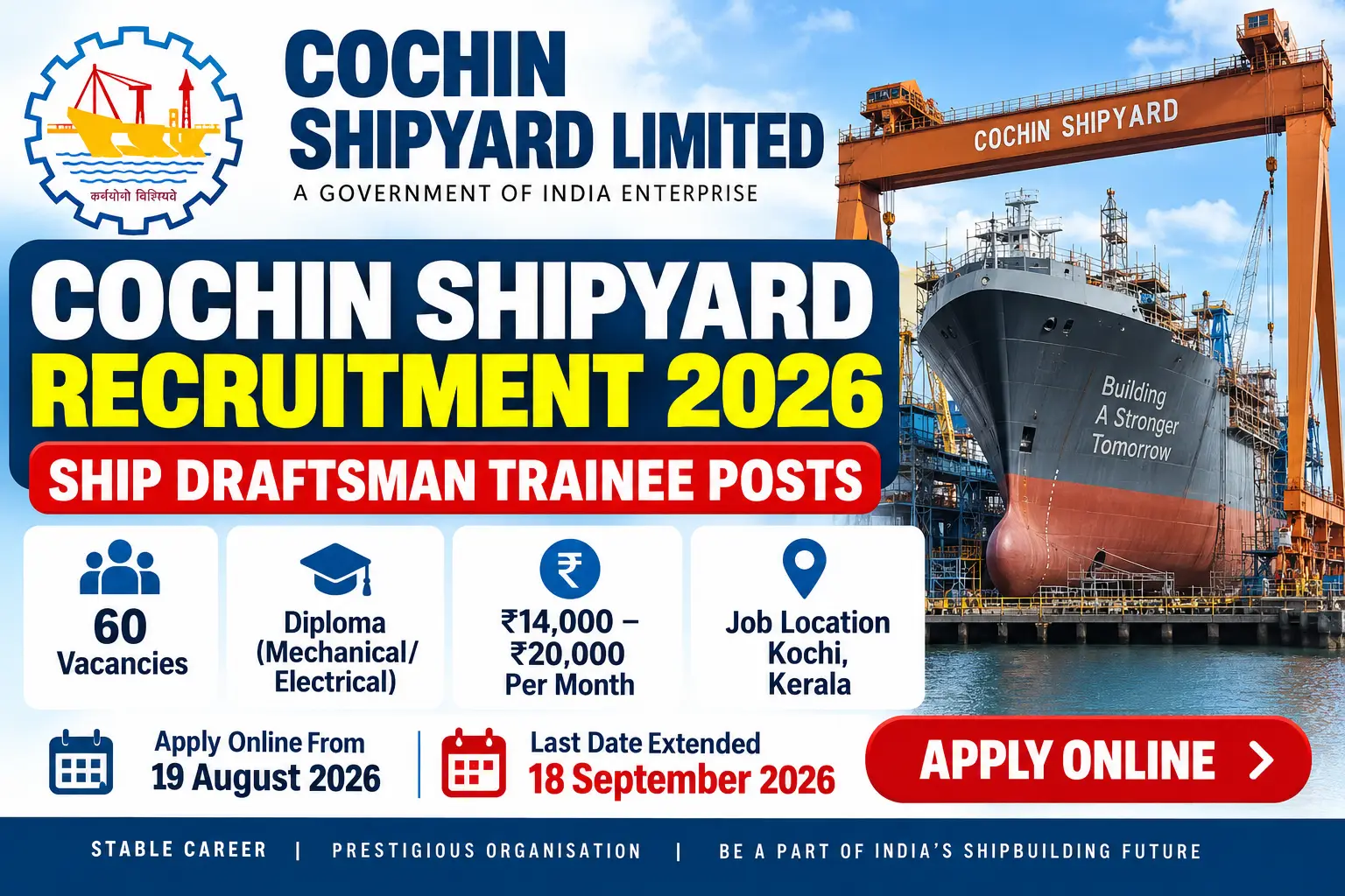 Cochin Shipyard Recruitment 2026: Apply Online for 60 Ship Draftsman Trainee Posts