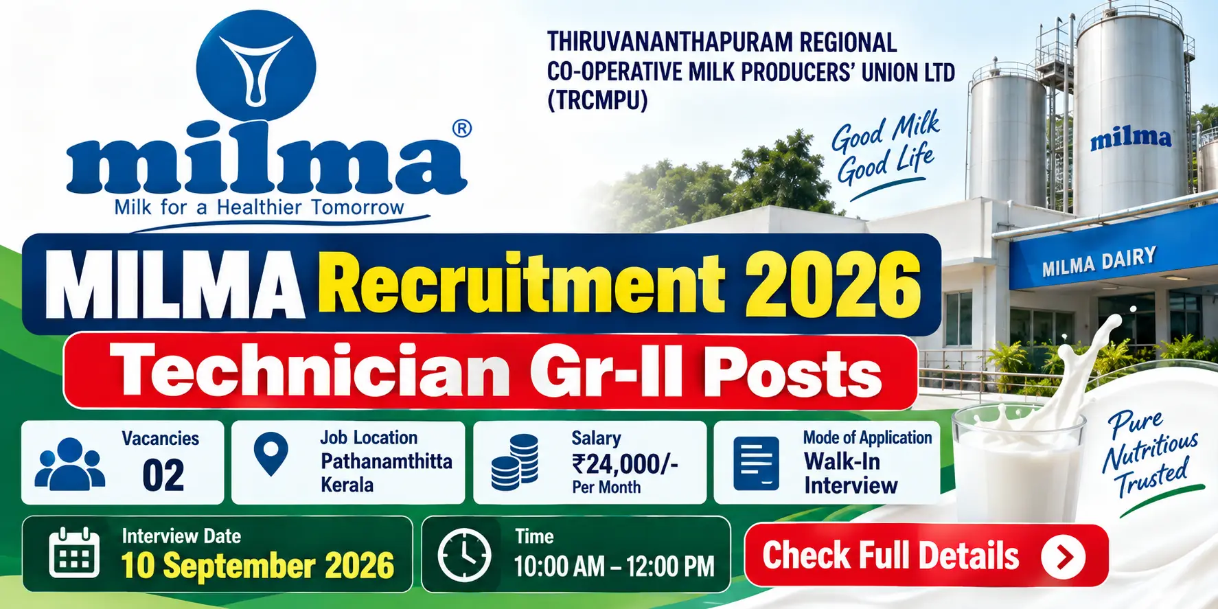 MILMA Recruitment 2026: Walk-In Interview for Technician Gr-II Posts