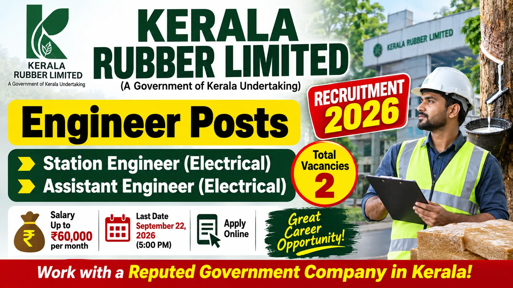 Kerala Rubber Limited Recruitment 2026: Apply Online for Engineer Posts, Salary Up to ₹60,000